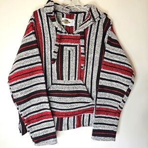 Mexican Baja Jacket Hoodie Poncho Pullover Sz XL Red, Black, and White Stripe